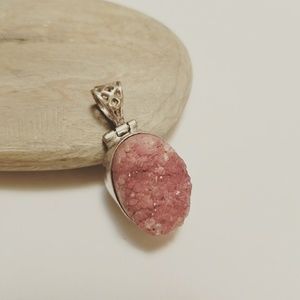 💎Vintage Sterling Silver Pink Druzy Raw Pendant Christmas Stocking Stuffer